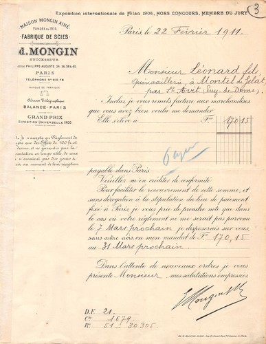1911 facture mongin - mongin, paris