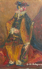 Tableau ancien huile original signé Arlequin de cirque, portrait, costume, clown