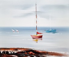 peinture sur toile, tableau bateaux sur mer calme, paysage marin, style reposant