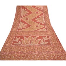 Tissu sari indien vintage sanscrit brique rouge sari pure soie travail batik ...