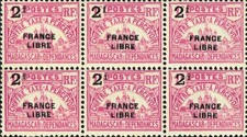 Madagascar 1942 n°TA26 Palais royal France libre 2f sur 1f Bloc horiz. de 6 (*)