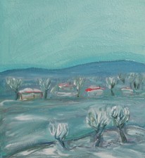 Peinture à l'huile paysage expressionniste cabanes arbres