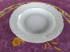 Plat Rond Creux Porcelaine Limoge Lafarge Cie Blanc Doré Relief Rocaille 29,5cm