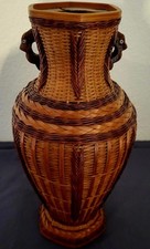 #Ancien Grand  Vase tressé panier Bambou Osier République CHINE Shanghai