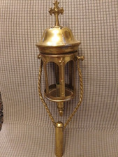 LANTERNE DE PROCESSION RELIGIEUSE /CUIVRE/SANS VERRE/H.40 cm/BOUGIE/EGLISE/CROIX