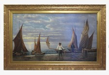 Ancienne Peinture à Huile Marine Avec Pêcheurs Et Bateaux Vue Mer tableau VS11
