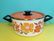 ?️ Ancien Faitout / Cocotte émaillée fleurs   25cm  ( vintage 70  déco ) ?