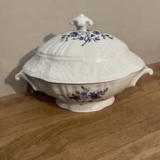 Soupière En Porcelaine Dure Georges Boyer Décor Bleu Fleurs Vintage