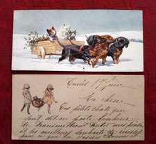 2 CPA - Enfants au panier de chats et Attelage de chiens avec chats