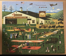 vintage MB 1000 puzzle AVION ecole pilote AEROPORT ART NAIF Charles Wysocki USA