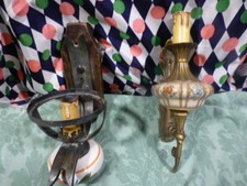 Éclairage art déco 2 lots mur étain, bois porcelaine, fer forgé laiton