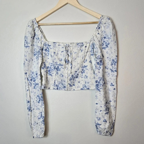 Blue white floral - linen, blend