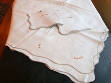 Blanc Lin Brodé Main Fleur 102x65 Req Nappe 12 Serviette 16 " Vgc