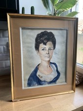 Cadre ancien 1969 avec portrait de femme aquarelle vintage