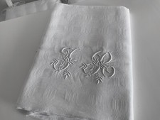 Linge Ancien Nappe De Mariage Damassé Soie Double Monogramme J R Branche Olivier