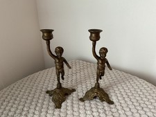 Deux bougeoirs chandeliers chérubin ange en métal argenté (*6)