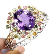 925 Argent Sterling Bracelet Ovale Améthyste 68ct Tourmaline Main Gemme