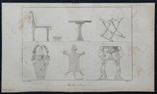 1839 - Meubles et Vases égyptiens - Gravure ancienne - Champollion