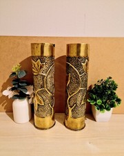 Paire d'Obus Sculptés en Laiton – Décor Floral, Première Guerre Mondiale