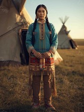 Photo A4 Lakota Sioux – femme en tenue turquoise traditionnelle – 1231