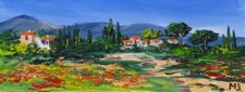Vintage French Oil Painting Landscape Provence Poppies Cypress Trees Farm Signed