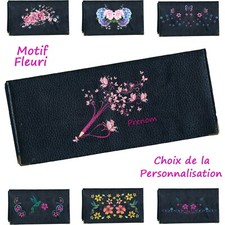 Porte-Chéquier Long en Cuir - Personnalisé avec Fleurs & Prénom - Talon à gauche