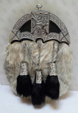 Scottish Kilt Dress White Grey Goat Skin Sporran Rampant Lion Cantle & Tassels