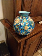 Vase Emaux De Longwy Octogonal Boule  20 Cm