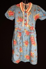 Rare Vintage Deadstock 1920's Fille Bleu Clair Coton Floral Robe Taille 7-8