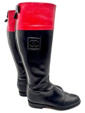Bottes Chanel bottes d'équitation cuir noir hauteur genou talon plat taille...