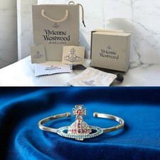 Vivienne Westwood Silver Cuff Bracelet with Multicolor Crystal Orb Logo – Size M