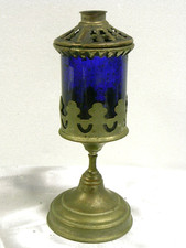 🇫🇷 ANCIENNE VEILLEUSE LAMPE D’ÉGLISE VERRE CRISTAL BLEU COBALT OIL LAMP HOTEL