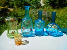 Lot de 5 flacon carafe liqueur 1900 verre soufflé décor émaillé Legras Montjoie