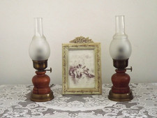 Pair French Vintage Oil Lantern Style Lamps Wood & Brass With Glass Funnels 5512