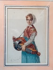 Musicienne  Vielle à roue  Aquarelle de JULES RICHOMME 1818-1903  