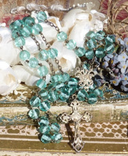 ANCIEN CHAPELET en ARGENT et  PERLES en VERRE bleu turquoise vers 1900