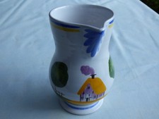 PICHET CRUCHE CERAMIQUE DECOR FLEURS MAISON ARBRES PEINT MAIN SIGNE