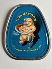 TRES RARE GRANDE TÔLE COCHON COUVERCLE DE BOITE DE CONSERVE "MON JAMBON" - 1960