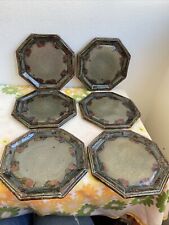 6 Anciennes Assiettes Octogonale Gres Émaillé Acide ? Deco Rétro Table 