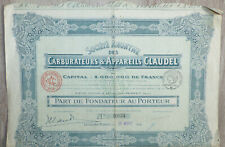 Part de Fondateur au porteur - Carburateurs & Appareils Claudel - Août 1918