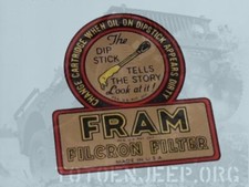 DECALCOMANIE POSE A L EAU . CUVE FILTRE A HUILE FRAM CJ3 us . jeep willys