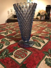 Indiana Glass Diamond Point Azure Blue 1966 Vintage Vase 8" footed EUC Mint