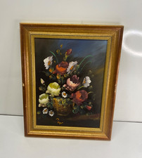 Tableau toile peinte décors bouquet florale signer cadre en bois dore