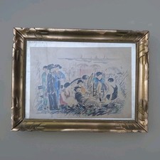 Peinture Ancienne André Meurice 1928" Discussion Sur La Plage" Tableau Encadré 