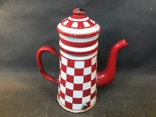 Ancienne cafetière en métal émaillé vintage déco cuisine style Lustucru damier