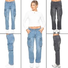 Enzo Pantalon En Jean Cargo Droit Femme Mi-Haut Casual En Coton