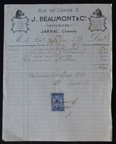Facture jarnac 1876 beaumont - facture,