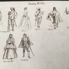 Dessin Ancien XIXè Encre La MODE Sous Louis XIII Victorian Original Drawing