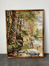 Ancien Cadre Canevas Foret Cygne Paysage Broderie Deco Rétro 