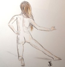 Dessin original nu feminin crayons  - A4 - JN LOUVET female nude drawing